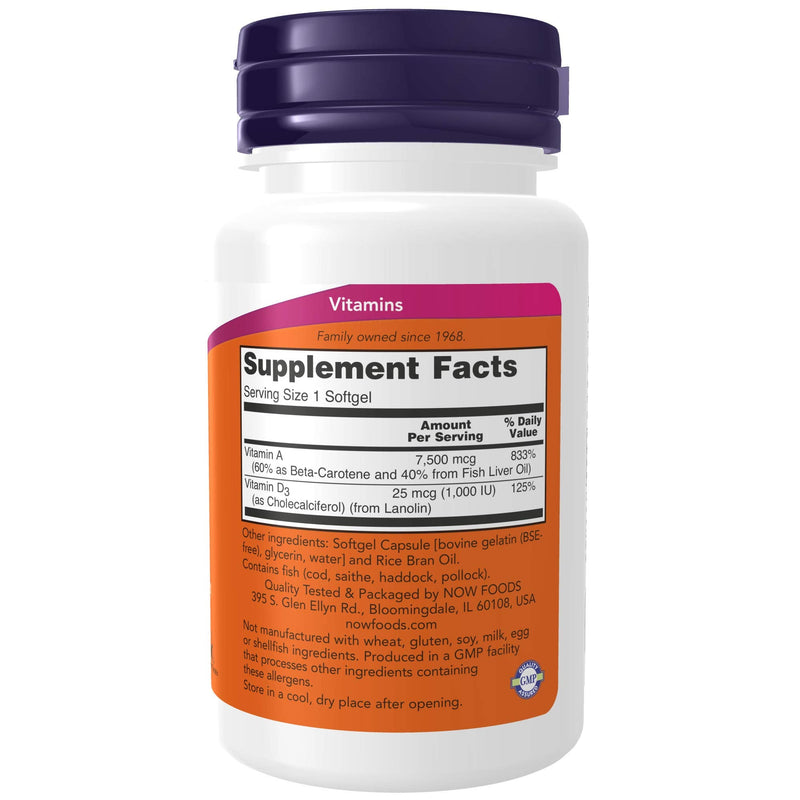 [Australia] - NOW Supplements, Vitamin A & D3 25,000/1,000 IU, Eye Health*, Essential Nutrition, 100 Softgels 