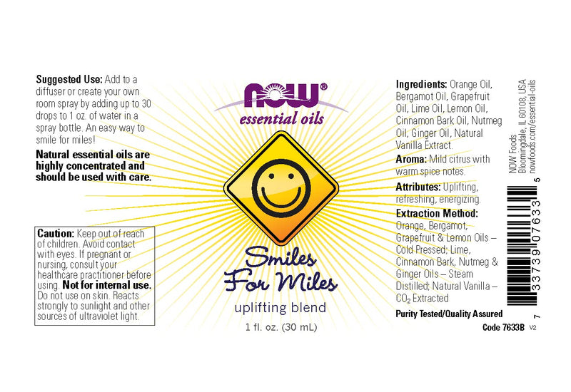 [Australia] - NOW Essential Oils, Smiles for Miles Aromatherapy Blend, Refreshing Aromatherapy Scent, Blend of Pure Essential Oils, Vegan, Child Resistant Cap, 1-Ounce 