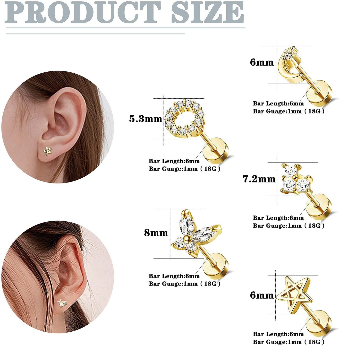 STAINLY 5Pairs Flat Back Earrings for Women Men Hypoallergenic 316L Surgical Steel Stud Earring for Sensitive Ears Cubic Zirconia Opal 20g Cartilage
