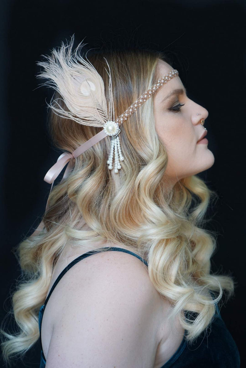 [Australia] - SWEETV 1920s Headpiece Flapper Headband, Pearl Peacock Feather Hair Band, Great Gatsby Accessoreis for Women, Blush Pink Pearl Blush Pink 