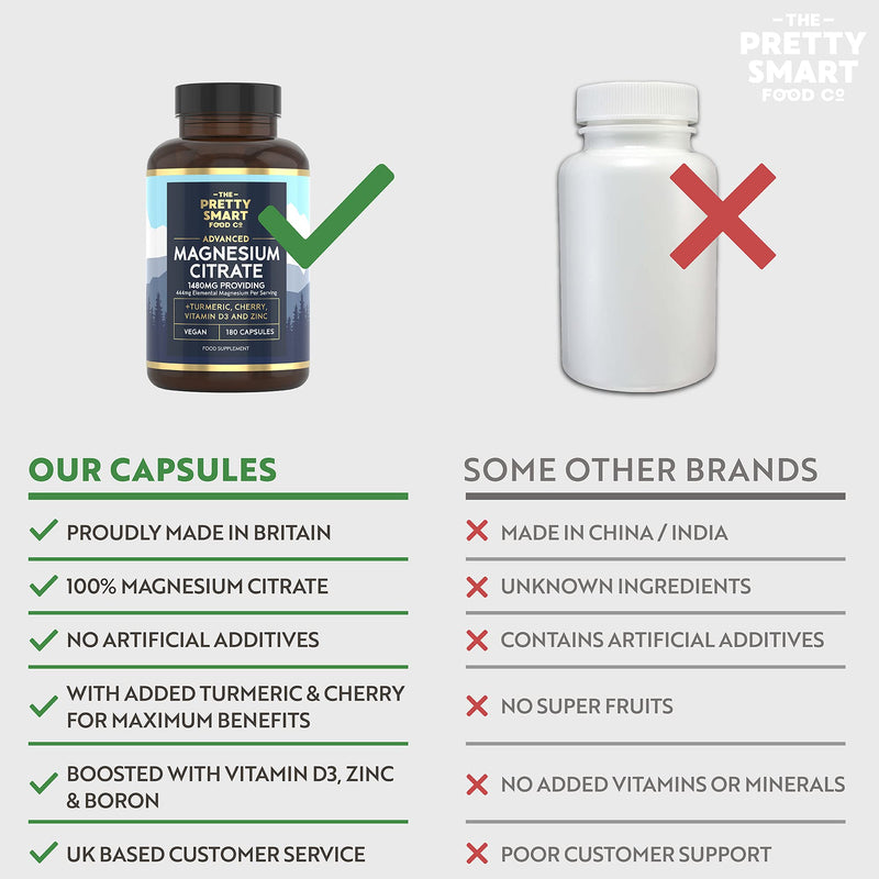 [Australia] - Magnesium Citrate 1480mg – 180 Vegan Magnesium Capsules not Magnesium Tablets – with Turmeric, Zinc, Vitamins D3 & B6 - High Absorption Premium Magnesium Supplements – 90 Day Supply – UK Made 