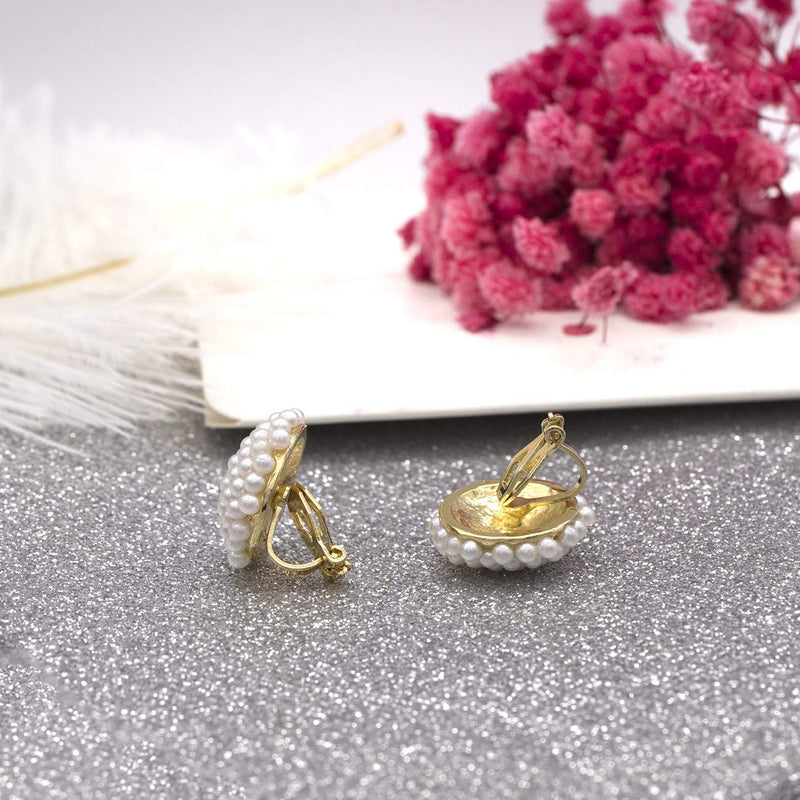 [Australia] - QUKE Simulated Pearl Golden Tone Big Clip On Studs Earrings Non Pierced Bridal Elegant Earrings Jewelry Gift for Women Girls 
