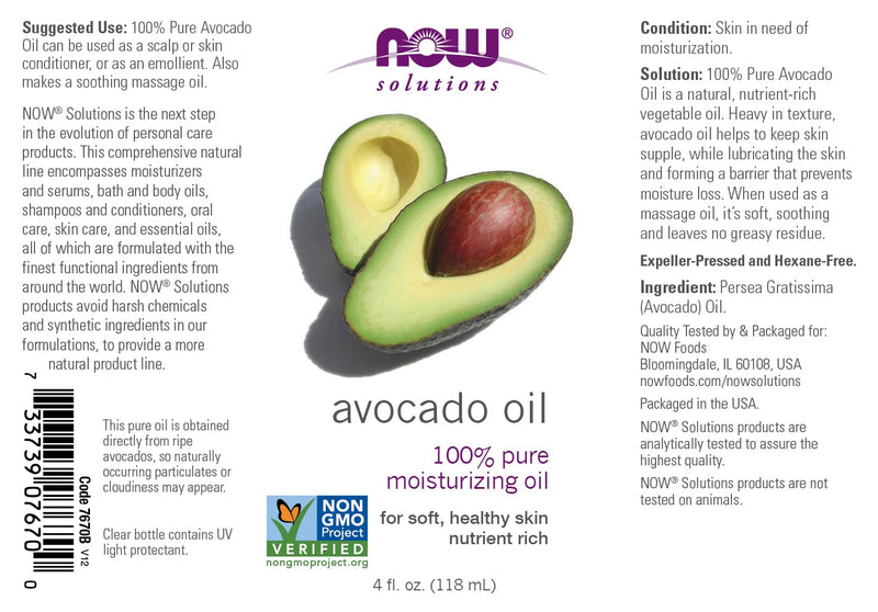 [Australia] - NOW Solutions, Avocado Oil, 100% Pure Moisturizing Oil, Nutrient Rich and Hydrating, 4-Ounce 4 Fl Oz (Pack of 1) 