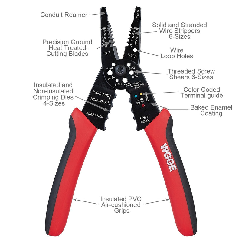 [Australia] - WGGE WG-015 Professional 8-inch Wire Stripper / wire crimping tool, Wire Cutter, Wire Crimper, Cable Stripper, Wiring Tools and Multi-Function Hand Tool. Red 