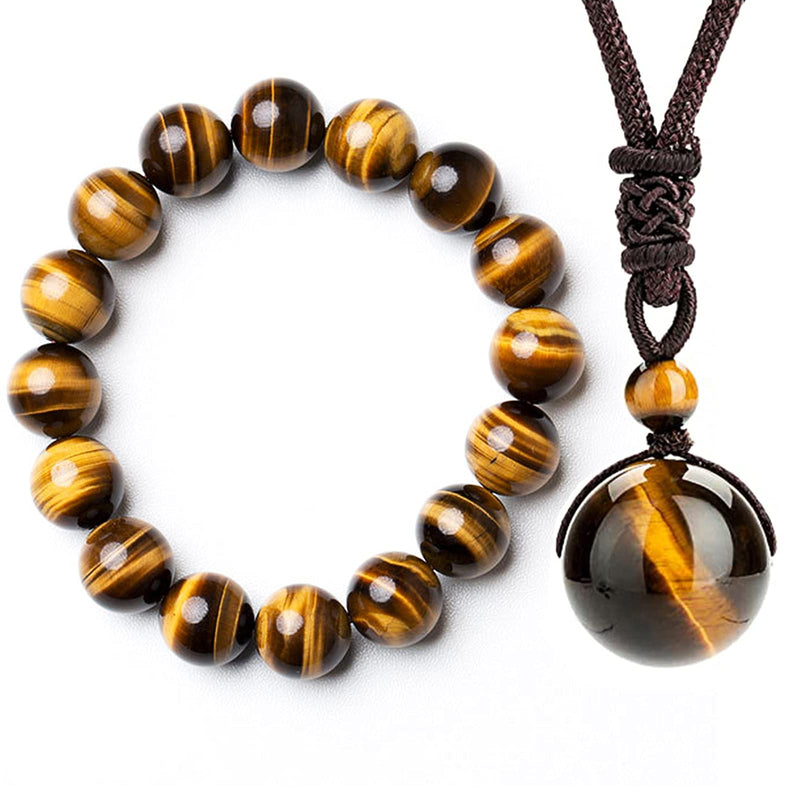 [Australia] - Healing Necklace Natural Yellow Tiger Eye Protection Chakra Beads Stone Pendant for Women Men Adjustable 