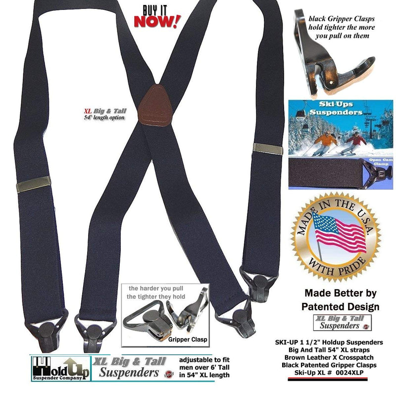 [Australia] - Holdup Suspender Company XL Black Ski-Up Suspenders X-back with black patented gripper clasp 