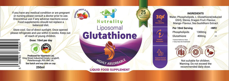 [Australia] - Nutrality Liposomal Glutathione Liquid Supplement, 400mg, Immune Defense and Liver Support, 250ml, 30x Bioavailable Absorption, Antioxidants and Sunflower Lecithin 