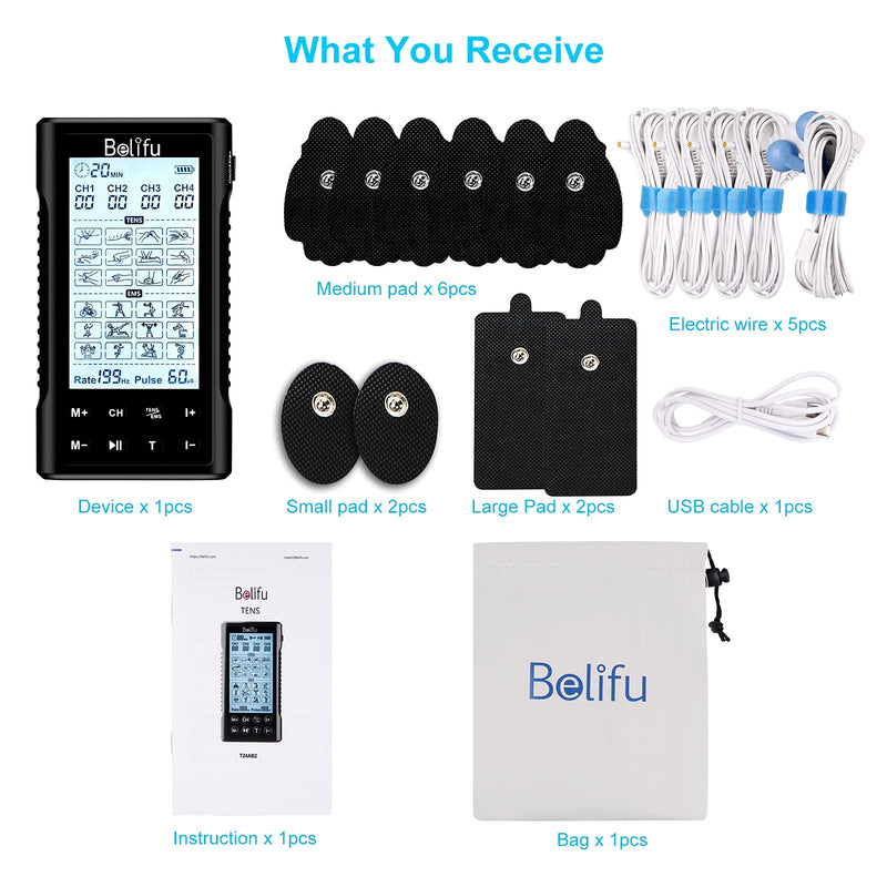 [Australia] - Belifu 4 Independent Channel TENS EMS Unit, 24 Modes,30 Level Intensity Muscle Stimulator Machine, Rechargeable Electric Pulse Massager with 10 Pads&5 Set Leads Wires, for Pain Relief Therapy(Black) Black 