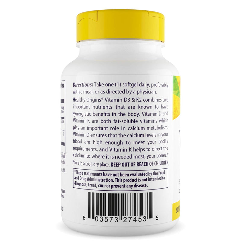 [Australia] - Healthy Origins Vitamin D3 & K2, 50 Mcg (2, 000 IU)/K2 200 Mcg, Softgels, 180 Count (Pack of 1) 180 Count (Pack of 1) 