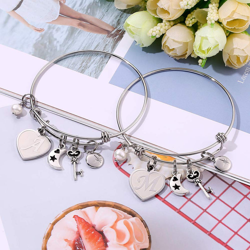 [Australia] - M MOOHAM Initial Charm Bracelets for Women Gifts - Engraved 26 Letters Initial Charms Bracelet Stainless Steel Bangle Bracelet Birthday Christmas Jewelry Gift for Women Teen Girls A - Heart 
