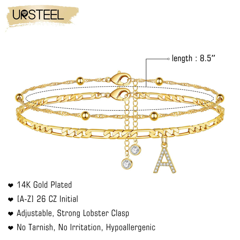 [Australia] - Ursteel Ankle Bracelets for Women, 14K Gold Plated Dainty Layered Figaro Chain CZ Initial Anklets Summer Jewelry Gifts for Women Teen Girls A 