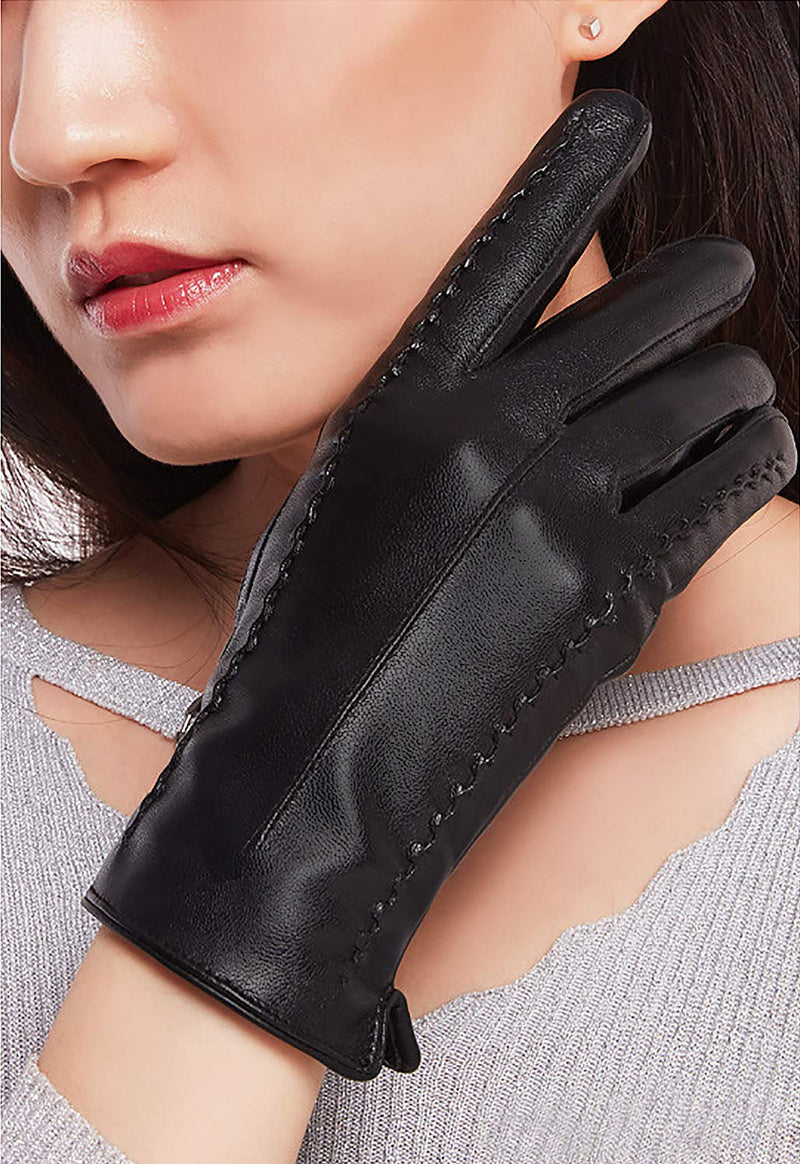 [Australia] - Womens Leather Gloves Warm Cashmere Lining Thick Windproof Outdoor Full Touchscreen Hand Mittens for Driving Bicycling Black 