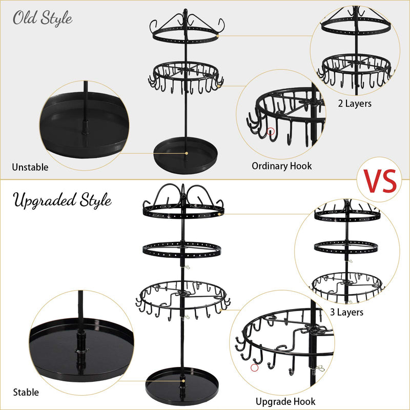 [Australia] - 3 Tiers Rotating Earring Necklace Organizer Holder, TANOKY Exquisite Metal Jewelry Display Tower Stand Necklace Hanger - 23 Hangers for Bracelets, 88 Holes for Earrings, Tray for Rings Black 