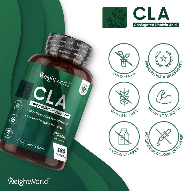 [Australia] - CLA Supplement 3000mg - 180 High Strength CLA Softgels (2 Months Supply) - Conjugated Linoleic Acid - Pure Safflower Oil Capsules - Pre Workout & Weight Management Supplement for Men & Women 