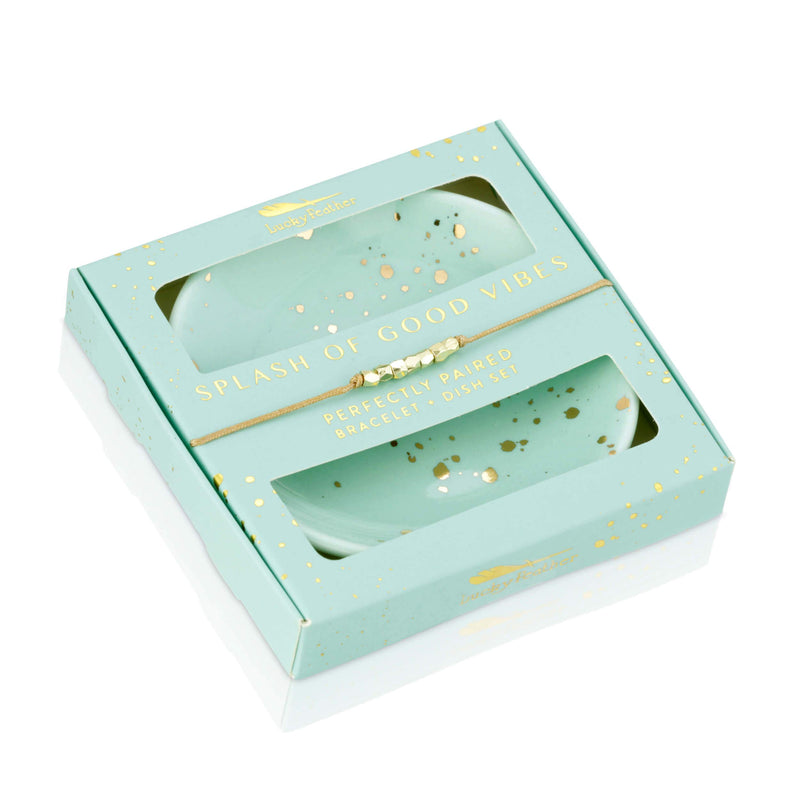 [Australia] - Lucky Feather 14k Gold Bead Bracelet and Jewelry Dish Set - Cute Inspirational Birthday and Friendship Gifts for Women and Teen Girls Splash 