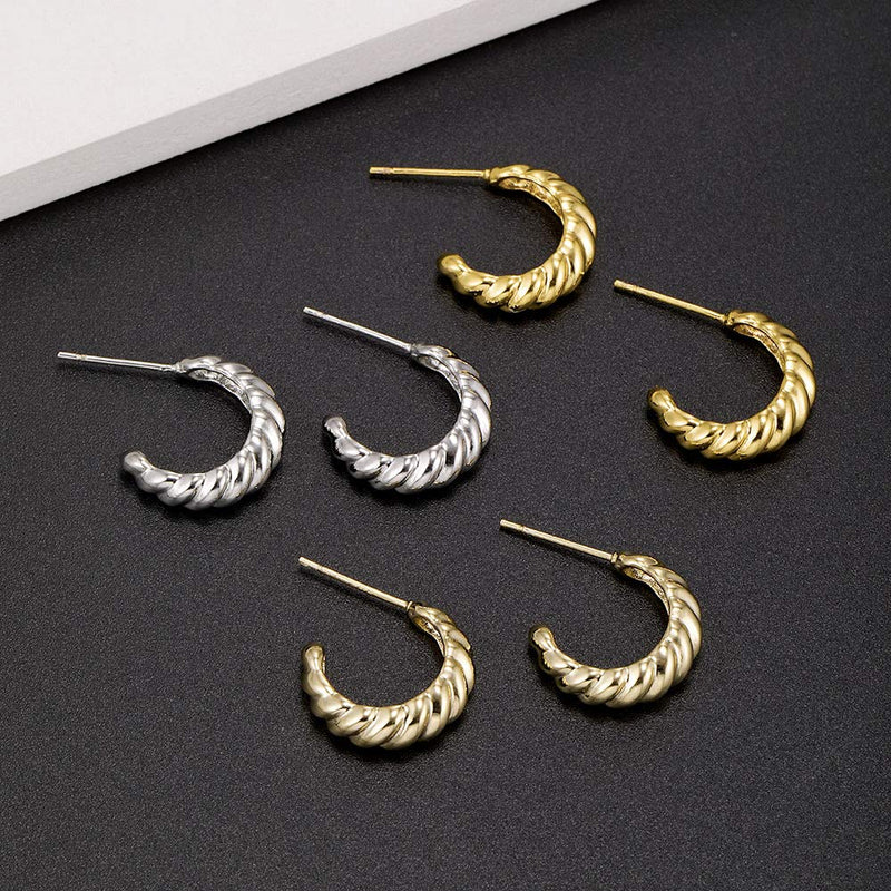 [Australia] - Hoop Earrings For Women 14K Gold Croissant Earrings Twisted Round Hoop Earrings Chunky Hoop Earrings 925 Sterling Silver Earrings 14K open 16.0 Millimeters 