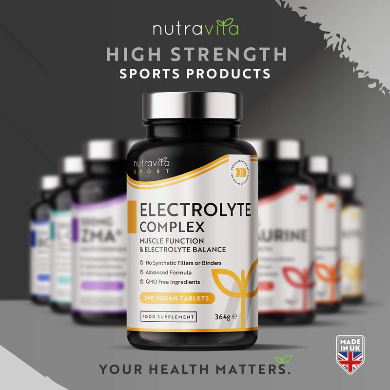[Australia] - Electrolyte Complex - High Strength Tablets with Added Magnesium, Potassium & Calcium - Muscle Function and Electrolyte Balance - 240 Vegan Tablets - No Synthetic Binders - Made in The UK by Nutravita 