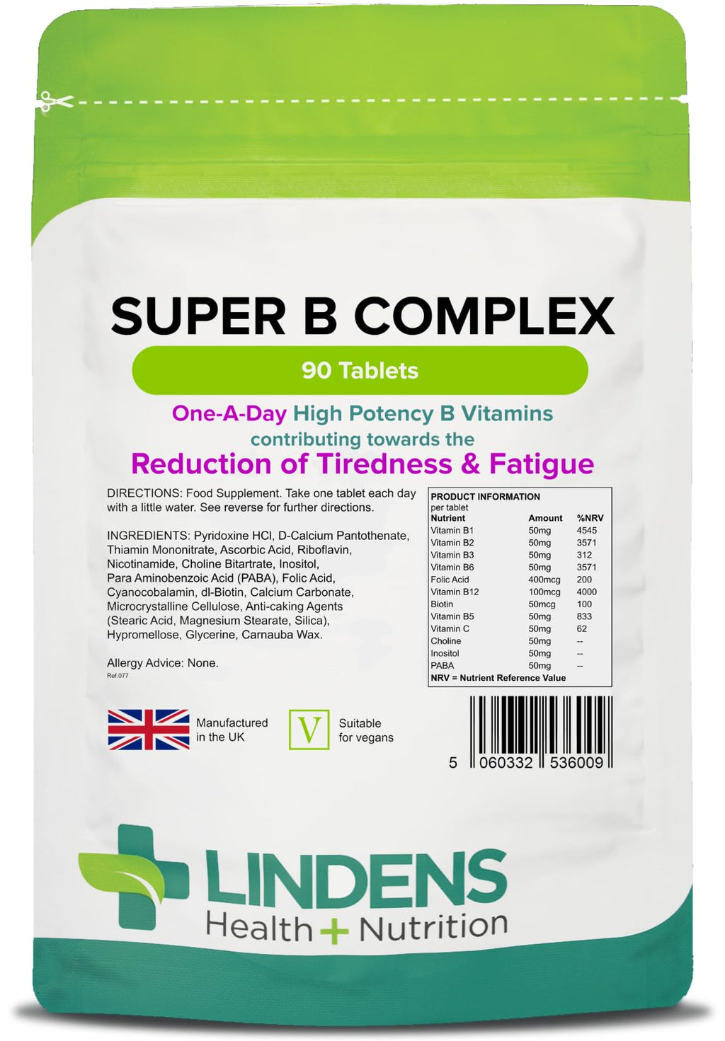 [Australia] - Lindens Super B Complex Vitamin Tablets - 90 Pack - with a Full Spectrum of B Vitamins and Vitamin C - Reduces Tiredness and Fatigue - UK Manufacturer, Letterbox Friendly 