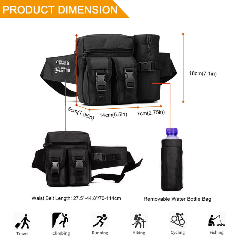 [Australia] - HUNTVP Tactical Waist Pack Bag with Water Bottle Pouch Molle Fanny Bag Bumbag Waist Bag for Dog Walking Running Hiking Travel Outdoors Black 