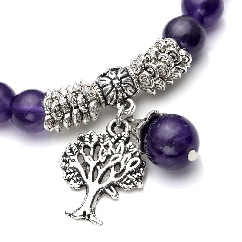 [Australia] - Jovivi 8MM Purple Amethyst Natural Gemstone Tree of Life Lucky Charm Stretch Bracelet 