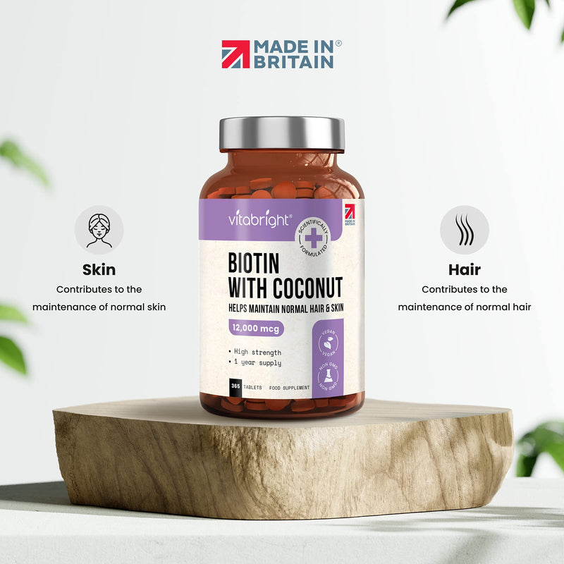 [Australia] - Biotin for Hair Growth, Skin and Nails - 12,000mcg High Strength - 365 Tablets (1 Year Supply) - Enriched with Coconut Oil Powder - Natural D-Biotin (Biologically Active) - Made in UK by VitaBright 