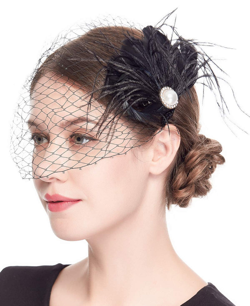 [Australia] - Fascinator Hat Veil Feather Fascinator Hair Clip Tea Party Derby Hat Birdcage Veil Bridal Wedding Veil Black 