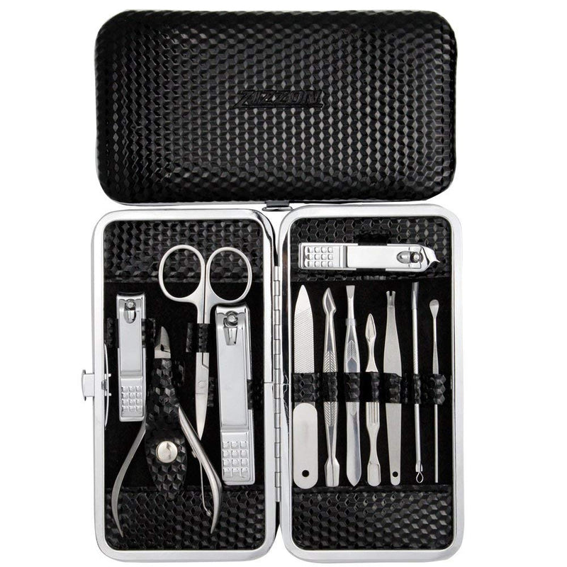 [Australia] - ZIZZON Manicure, Pedicure Kit, Nail Clippers Set of 12Pcs, Professional Grooming Kit, Nail Tools with Luxurious Travel Case Black 