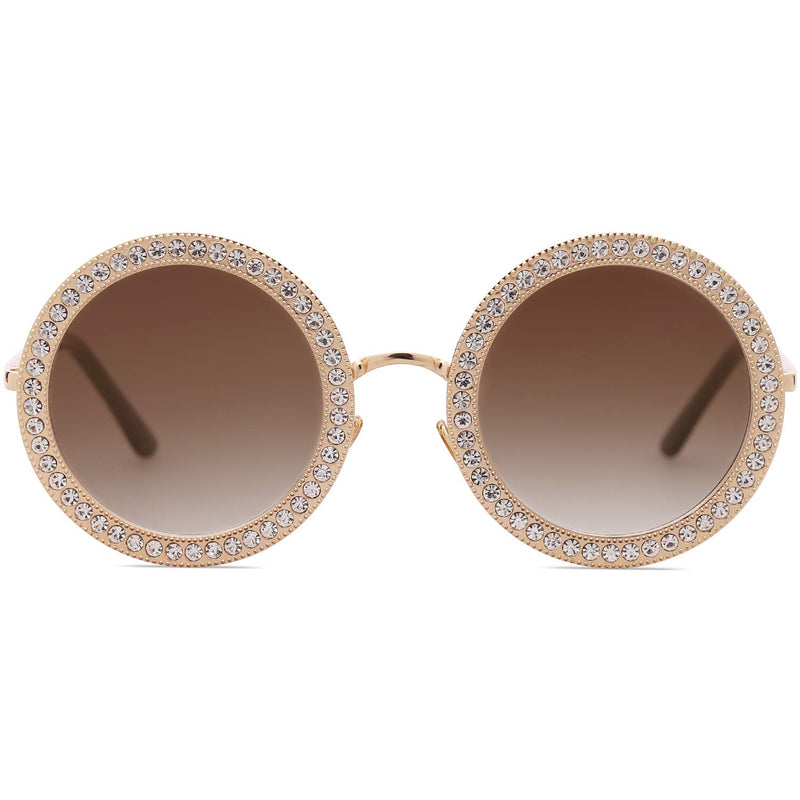 [Australia] - SOJOS Shining Oversized Round Rhinestone Sunglasses Festival Gem Sunnies SJ1095 C2 Gold Frame/Gradient Brown Lens With White Diamonds Multicoloured 