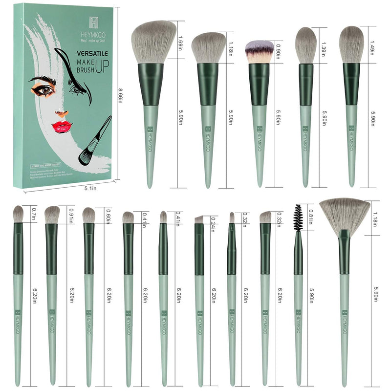 [Australia] - Makeup Brushes HEYMKGO 15pcs Makeup Brush Set Premium Synthetic Bristles Green Color Conical Handle Kabuki Foundation Brush Face Lip Eye Makeup Sets Professional with Portable Drawstring Flannel Bag 