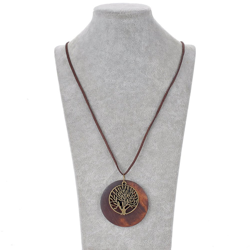 [Australia] - HUNO Tree of Life Pendant Necklace Long Leather Chain Statement Wooden Necklace for Women Girls Vintage Wood Jewelry 