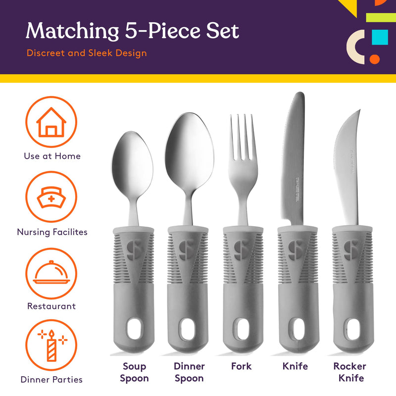 [Australia] - Special Supplies Adaptive Utensils (5-Piece Kitchen Set) Wide, Non-Weighted, Non-Slip Handles for Hand Tremors, Arthritis, Parkinson’s or Elderly Use - Stainless Steel Knives, Fork, Spoons - Grey 