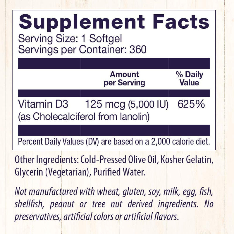 [Australia] - Healthy Origins Vitamin D3 5, 000 IU (Non-GMO), 360 Softgels 360 Count (Pack of 1) 