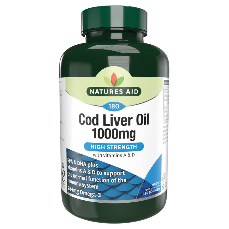 [Australia] - Natures Aid Cod Liver Oil, 1000 mg, 180 Softgel Capsules (High Strength, 254 mg Omega-3 with Vitamins A and D for Normal Function of the Immune System, Made in the UK) 