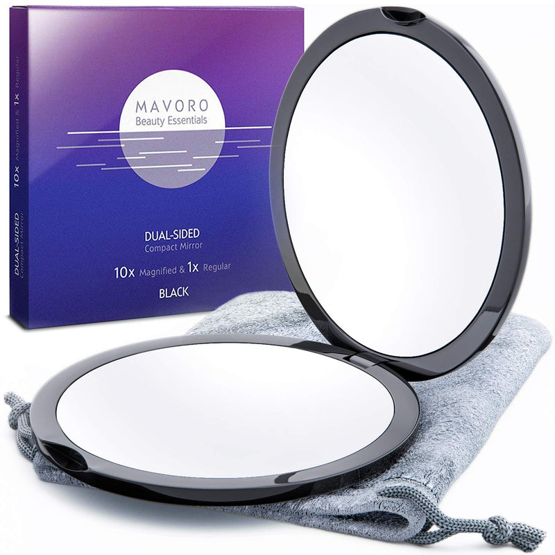 [Australia] - Magnifying Compact Mirror for Purses, 1x/10x Magnification – Double Sided Travel Makeup Mirror, 4 Inch Small Pocket or Purse Mirror. Distortion Free Folding Portable Compact Mirrors (Black) Black 