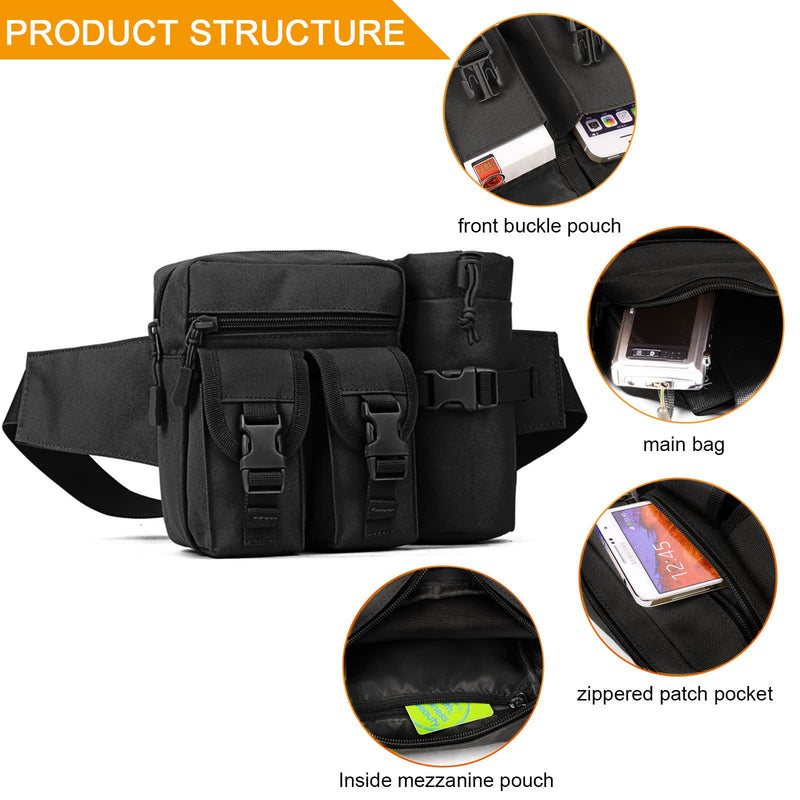 [Australia] - HUNTVP Tactical Waist Pack Bag with Water Bottle Pouch Molle Fanny Bag Bumbag Waist Bag for Dog Walking Running Hiking Travel Outdoors Black 