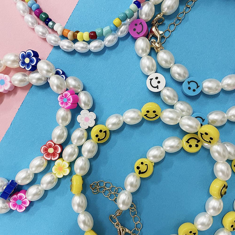 [Australia] - 4Pcs Smiley Face Flower Pearl Necklace Set Y2k Colorful Resin Polymer Clay Beads Handmade Cute Choker Necklace for Women Girls 