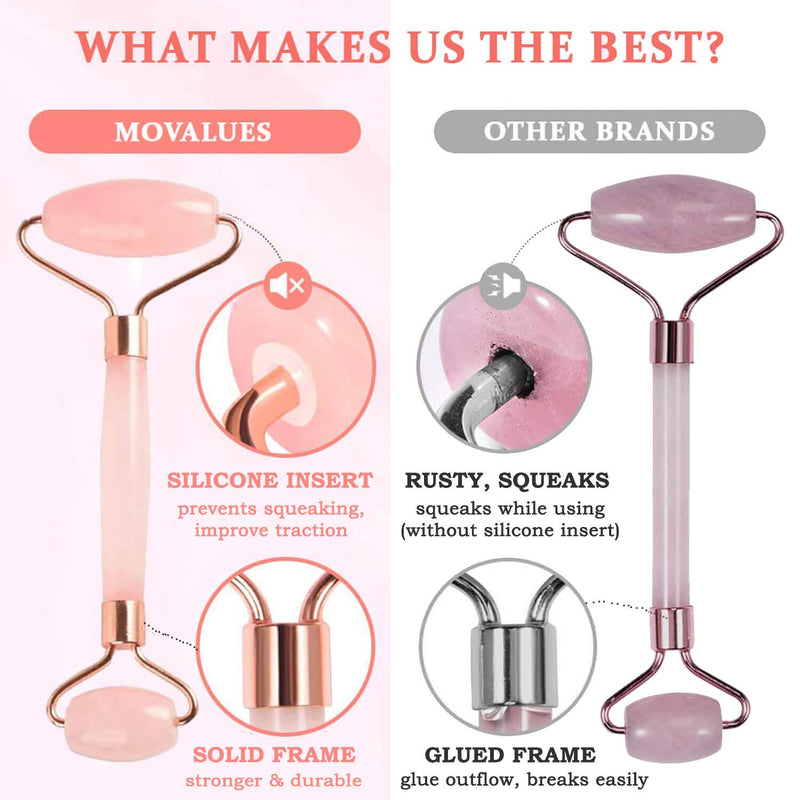 [Australia] - MoValues Rose Quartz Roller - Jade Roller For Face - Real Natural Rose Quartz - Face Roller, Face Massager for Face - Authentic and Durable 