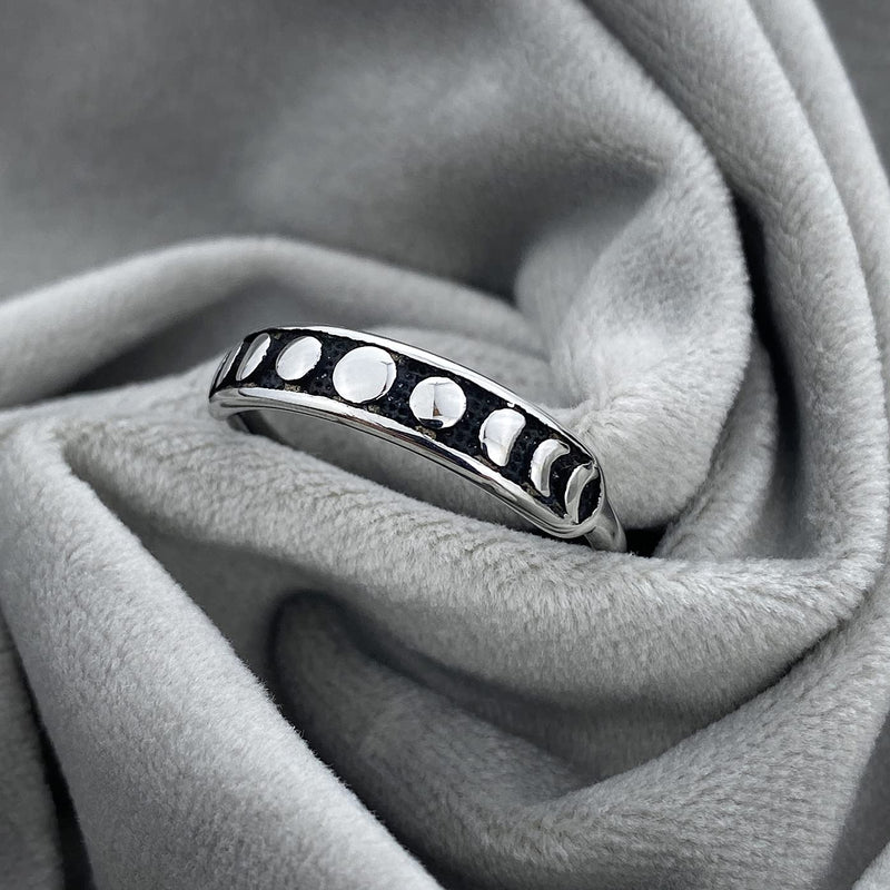 [Australia] - KouGeMou Gothic Black Band Moon Phase Ring Silver Round Shape Minimalist Cute Ring Stainless Steel Finger Rings Gift for Women&Men Size 6-11 