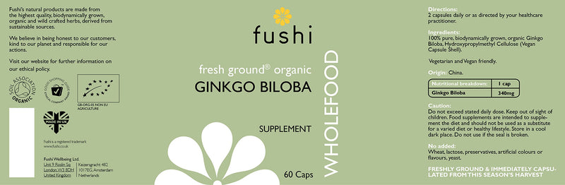 [Australia] - Fushi Organic Ginkgo Biloba Capsules, 60 Caps | Fresh-Ground Whole Food | Memory Boosting Properties | Ethical & Vegan | Made in the UK 