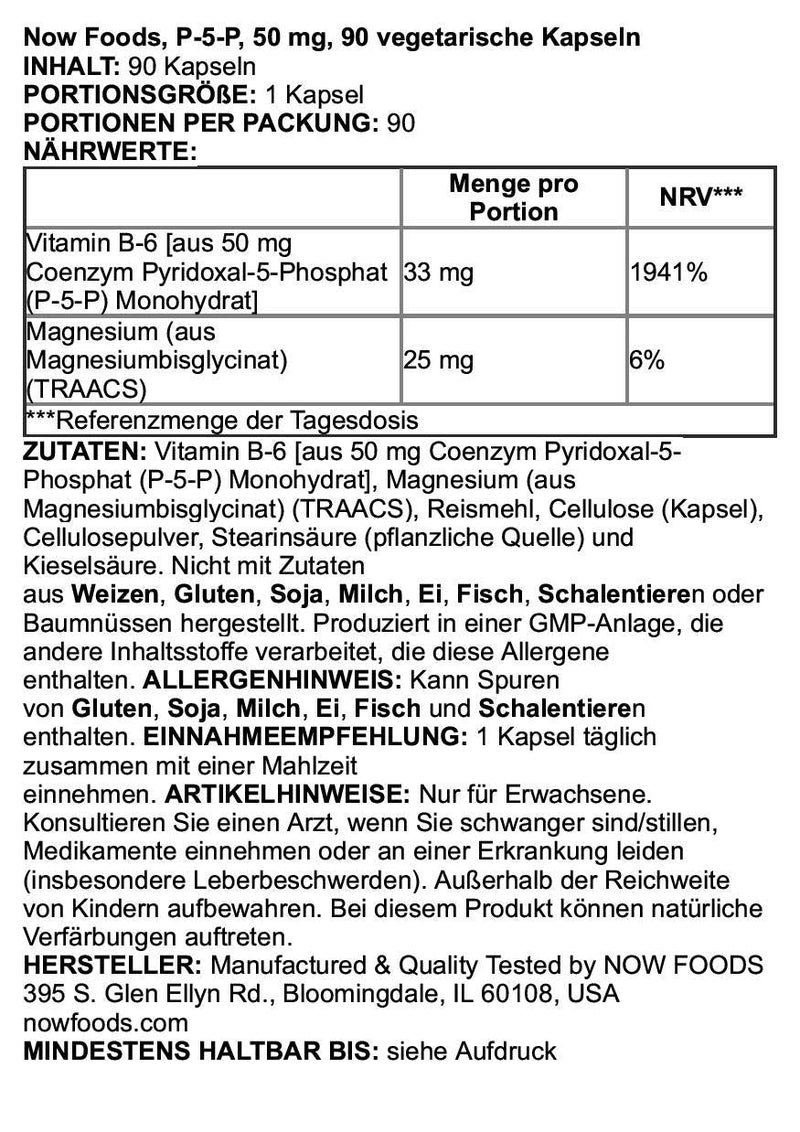 [Australia] - NOW Supplements, P-5-P 50 mg with Coenzyme B-6 + Mg Bisglycinate, 90 Veg Capsules 