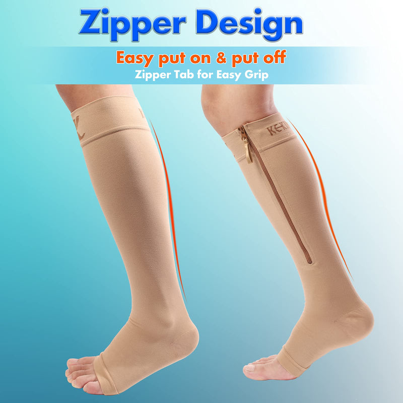 [Australia] - KEKING® Zipper Compression Socks for Men Women, Open Toe, 20-30mmHg Firm Support Knee High Zipper Compression Stockings for Wide Calf - Varicose Veins, DVT, Shin Splints, Edema, Nursing, Beige XXL XX-Large 