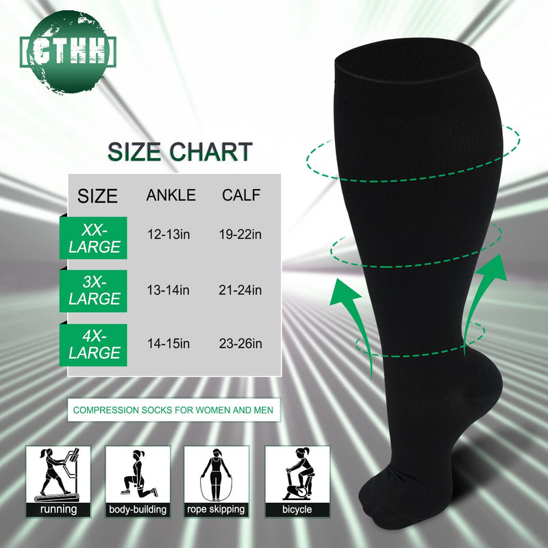 [Australia] - 3 Pack Plus Size Copper Compression Socks for Women & Men, 20-30 mmhg Extra Wide Calf Knee High Stockings for Circulation Support Football 01-3 Pack Black XX-Large 