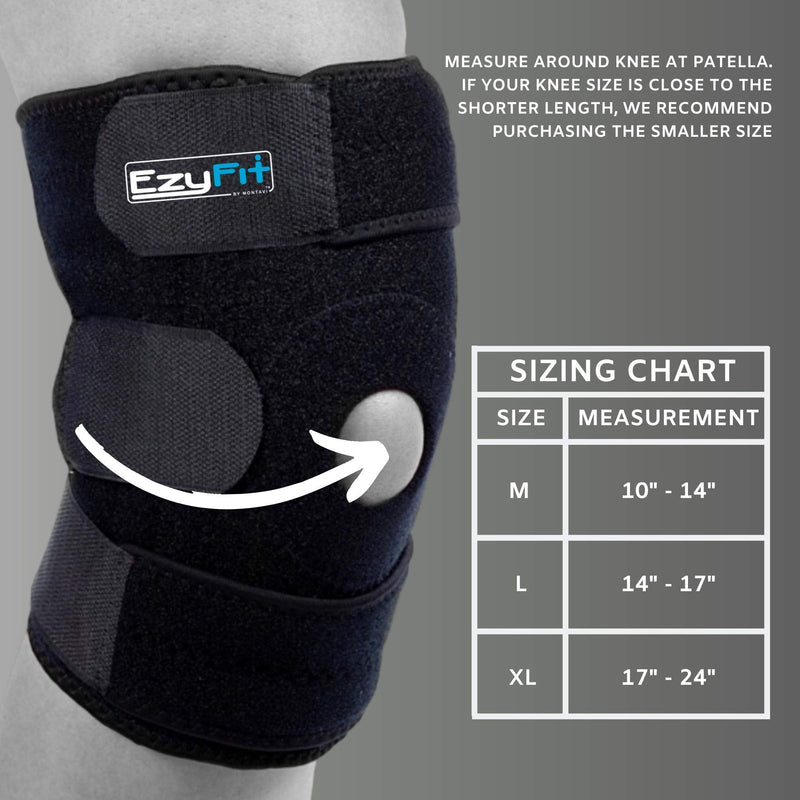 [Australia] - EzyFit Knee Brace Support For Arthritis, ACL, LCL, MCL, Sports Exercise, Meniscus Tear Injury Recovery - Side Stabilizers Open Patella - Best Comfort Fit Adjustable Neoprene Wrap - 3 Sizes Large - Most Popular Size Fits 14"-17" 