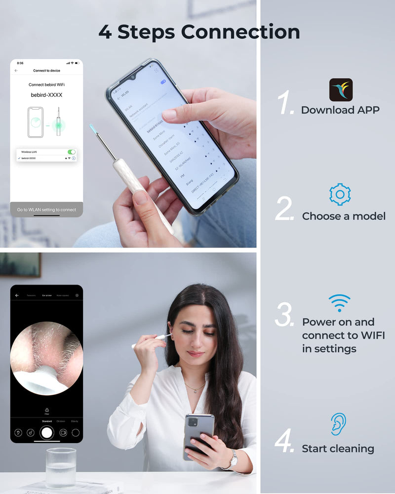 [Australia] - BEBIRD® R3 Ear Wax Removal Cleaner,0.15inch 1080P HD Ear Camera Lens with 6 LED Lights Intelligent Otoscope for iPhone, Android Phone(White) White 