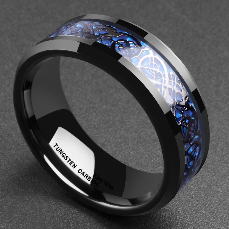 [Australia] - King Will DRAGON Men Tungsten Carbide Ring 8mm Silver/Blue/Black Celtic Dragon Wedding Band Polish Finish Black 4 