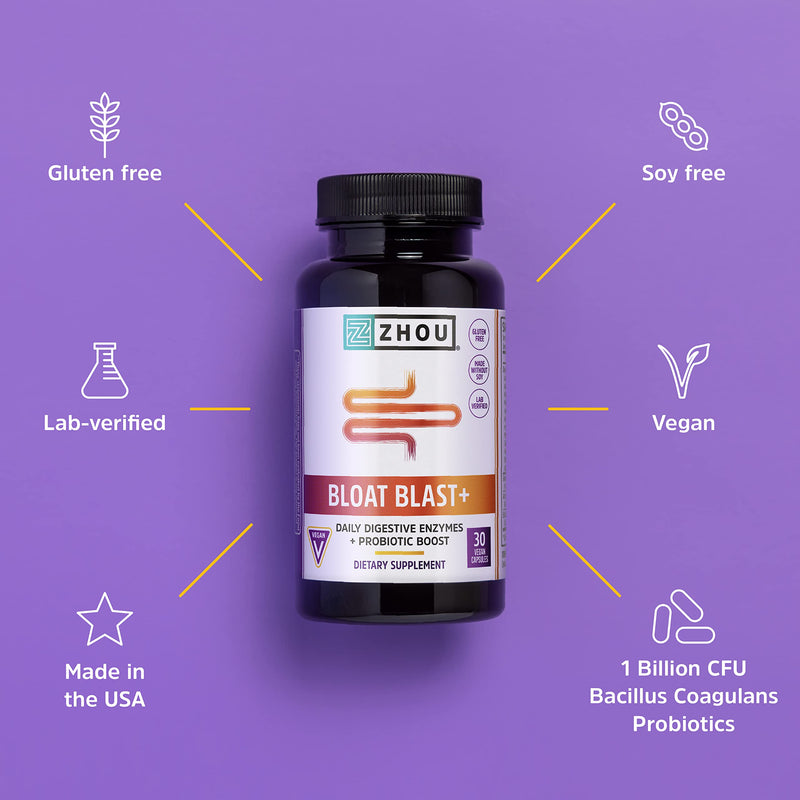 [Australia] - Zhou Nutrition Bloat Blast+ Digestive Enzymes with Probiotics, Bloating Relief for Women and Men, Reduce Water Retention and Improve Digestive Health, Vegan, Non-GMO, Gluten Free, 30 Servings 