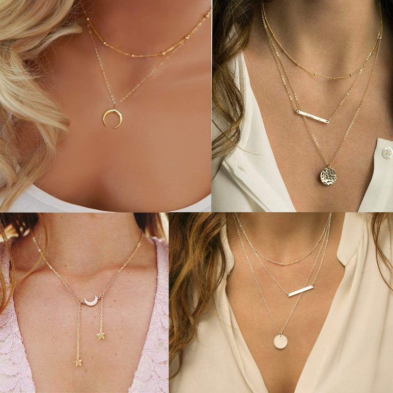 [Australia] - Honsny 25 Pieces Layered Choker Necklaces for Women Gold Multilayer Necklaces Set Adjustable Dainty Moon Star Coin Bar Pearl Pendant Necklaces Jewelry for Valentine’s Day Birthday Gifts Style-A 