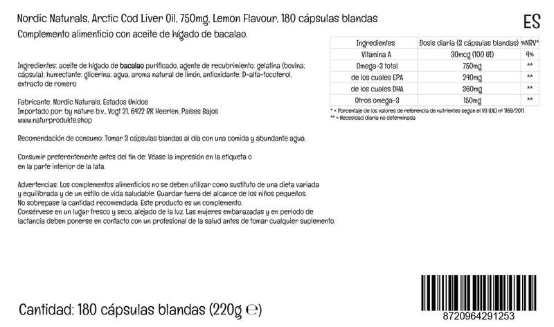 [Australia] - Nordic Naturals, Arctic Cod Liver Oil, 750mg Omega-3 from Cod Liver Oil, with EPA and DHA, Lemon Flavour, 180 Softgels, Lab-Tested, Soy Free, Gluten Free, Non-GMO 