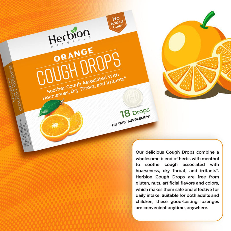 [Australia] - Herbion Naturals Cough Drops with Orange Flavor -18 Ct -Relieves Cough, Soothes Sore Throat & Dry Mouth, For Adults, Children 6 and above 