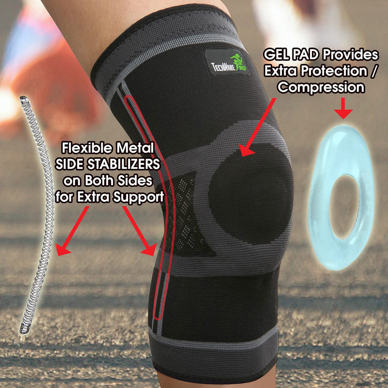 [Australia] - TechWare Pro Knee Compression Sleeve - Knee Braces for Knee Pain. Knee Sleeve with Side Stabilizers & Patella Gel Pads. Knee Brace for Working Out, Arthritis & Meniscus Tear. 5 Sizes. Single Pack X-Large Black/Gray 